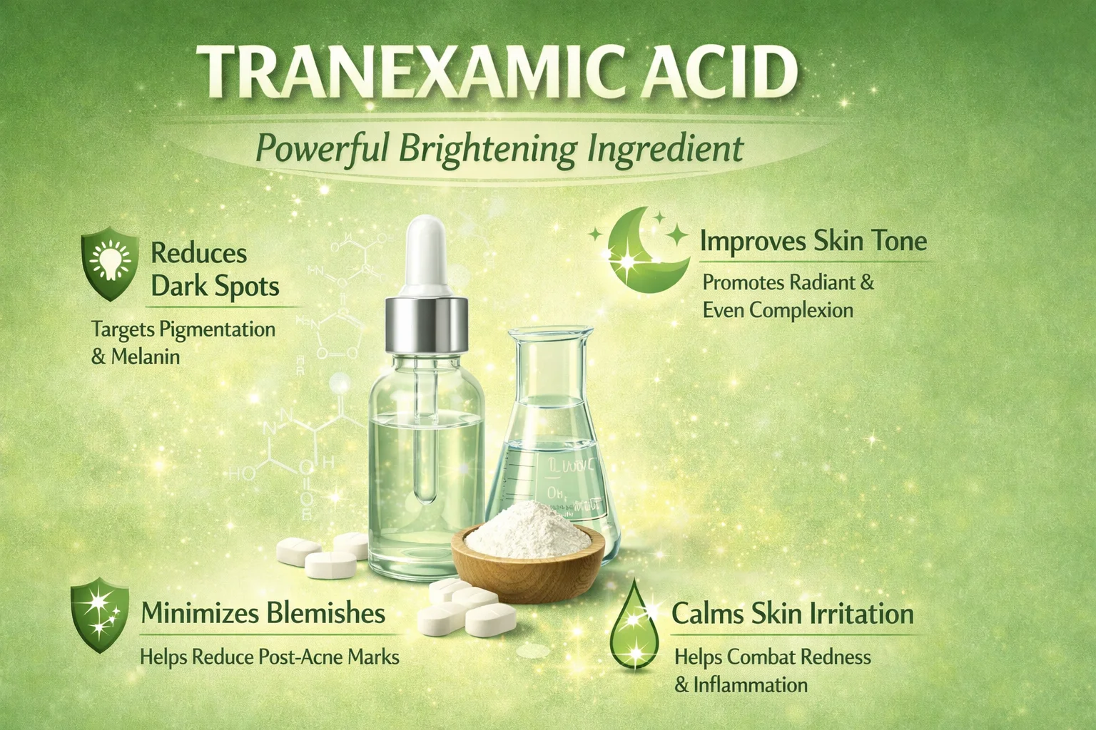 Tranexamic acid illustration showing benefits for skin, including reducing dark spots, improving skin tone, minimizing blemishes, and calming irritation.